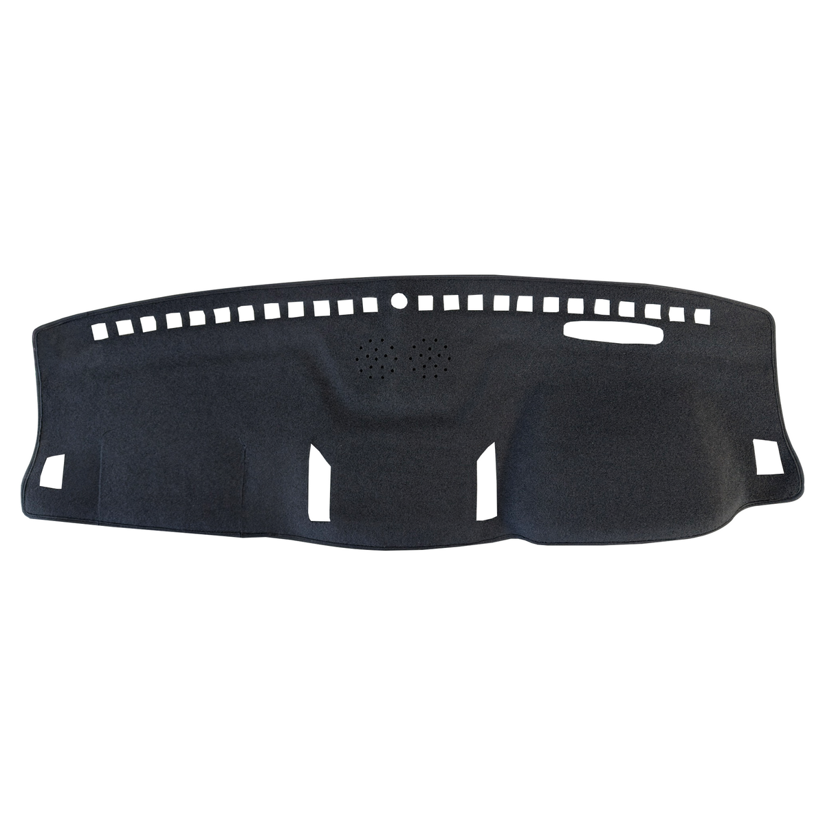 A black car dashboard liner with pre-drilled holes and cutouts, shown against a plain white background.