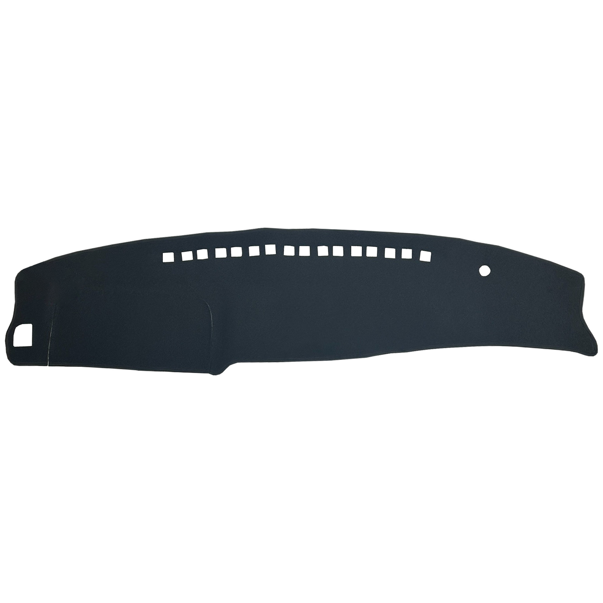 A black vehicle dash mat with pre-cut openings, shown against a plain white background.