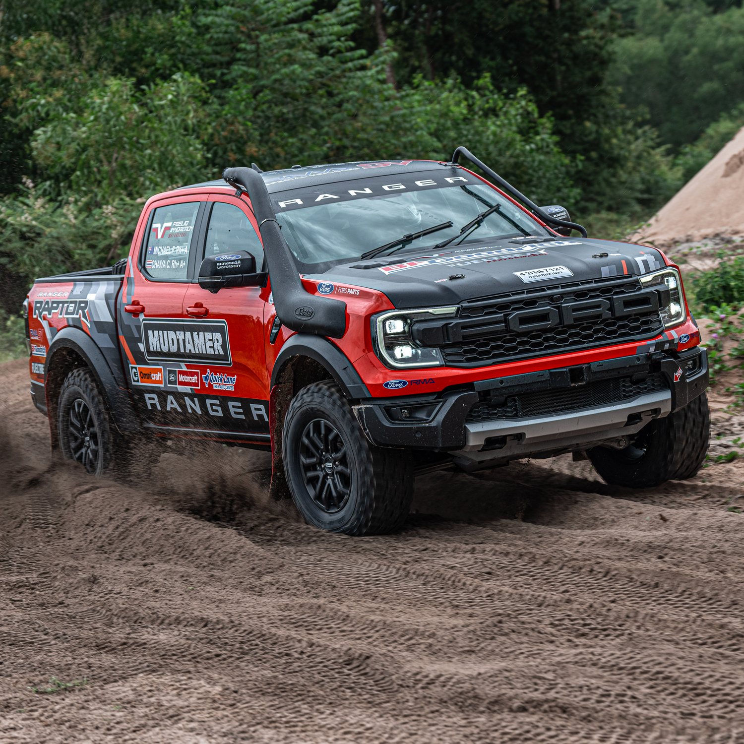 A Next Gen Ford Raptor driving through dirt in the Asia Cross Country Rally.