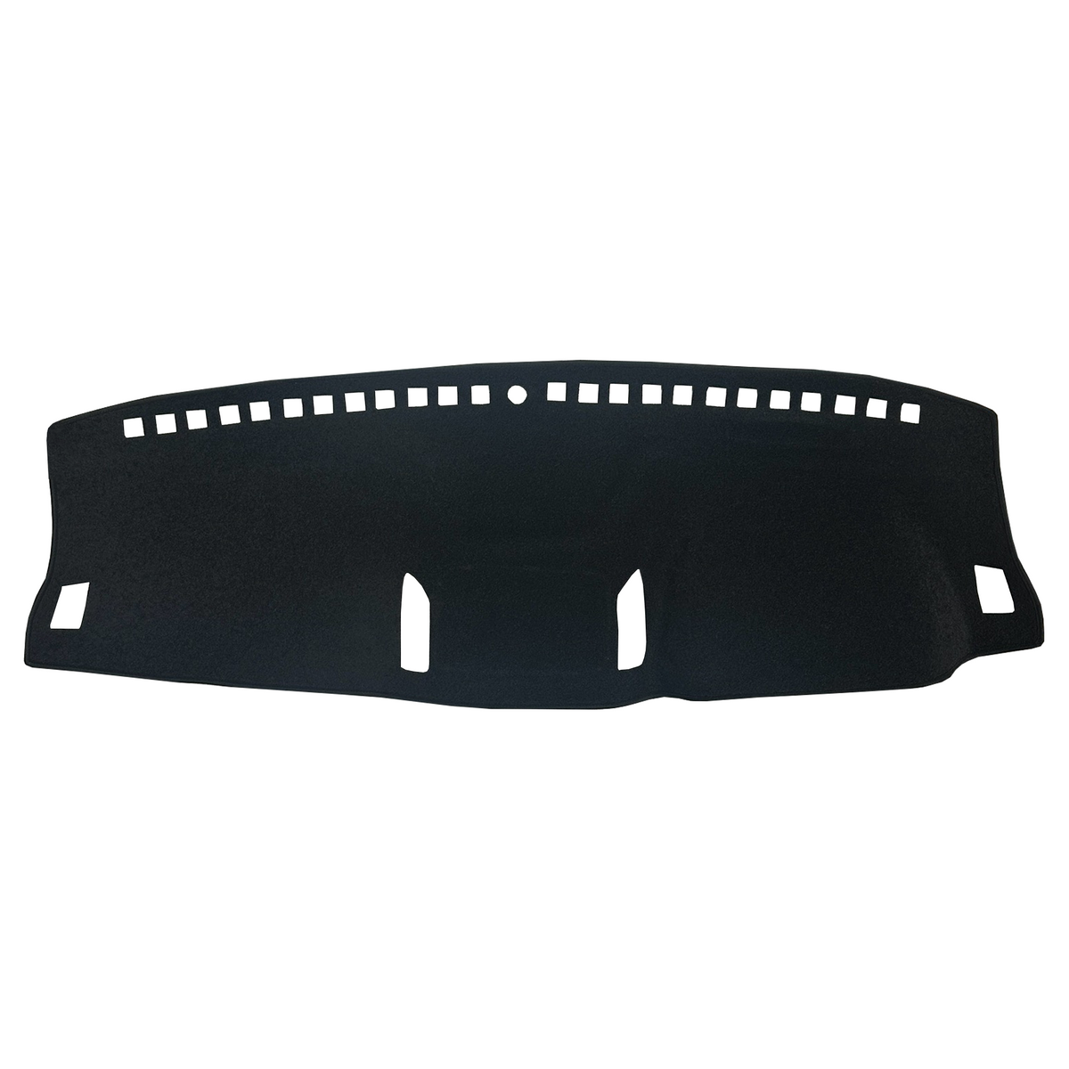 A black vehicle dash mat with pre-cut openings, shown against a plain white background.